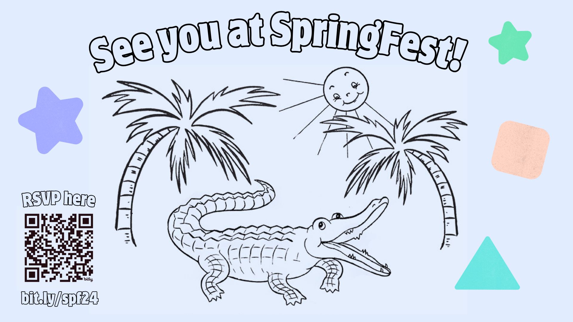 A vintage-style illustrated gator with its mouth open, standing between two palm trees.