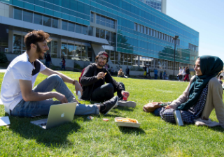 Students sitting on the grass outside the library talking