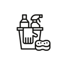 A black icon of a bucket with cleaning supplies inside