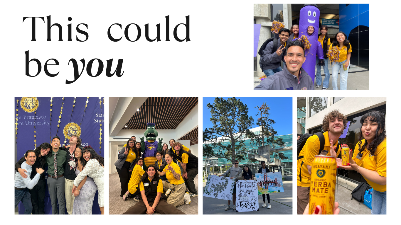 The image consists of five photos arranged around the text "This could be you" at the top left. The photos depict students at San Francisco State University engaging in various activities, such as posing with friends, participating in school events, and interacting with the school mascot. The students appear happy and involved in campus life, wearing university-themed apparel and smiling. The background includes banners with the university's logo, campus buildings, and event decorations.