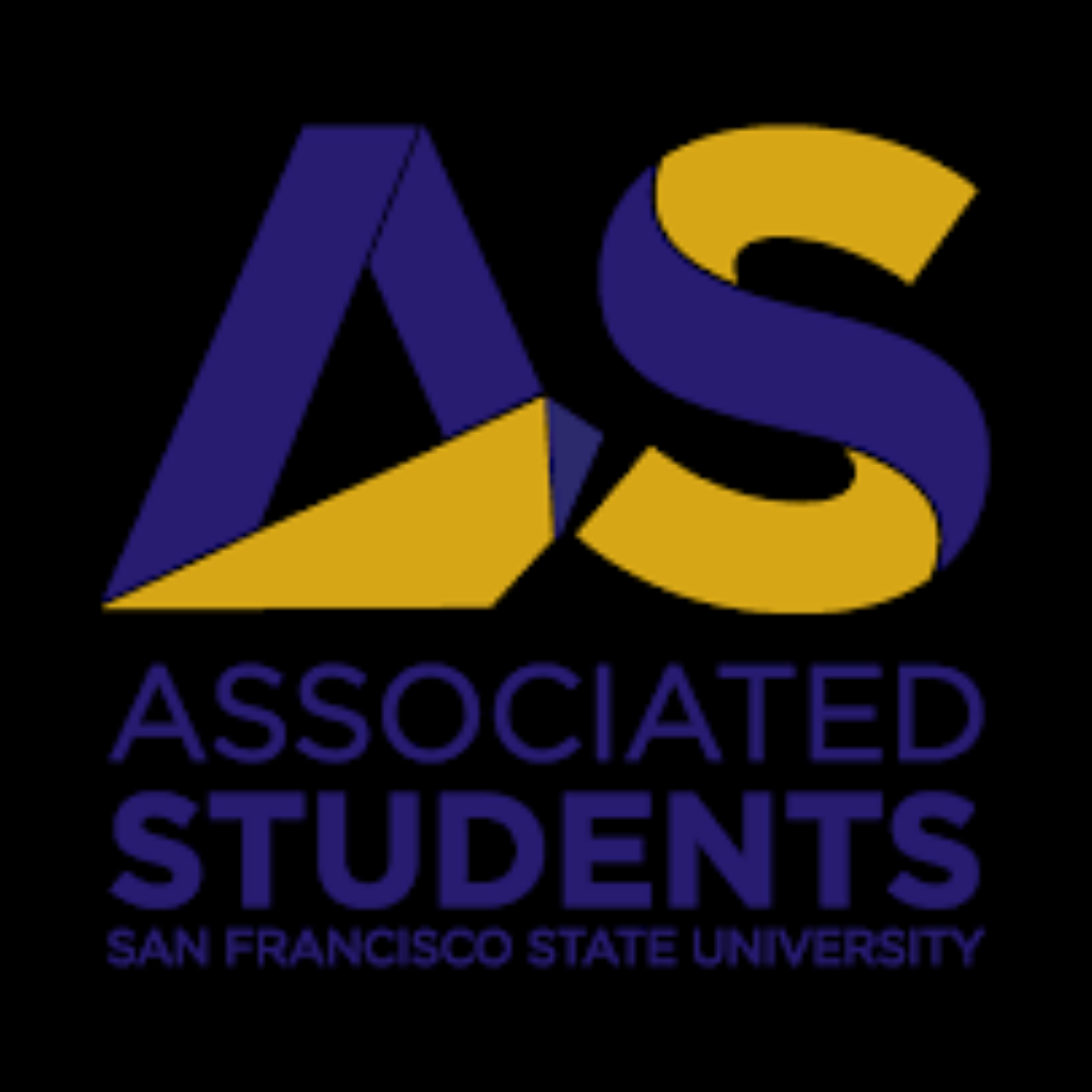 The SFSU associated student logo with a large "AS" with purple and gold colors on a black background. Below the "AS" is "Associated Students San Francisco State University" in purple.