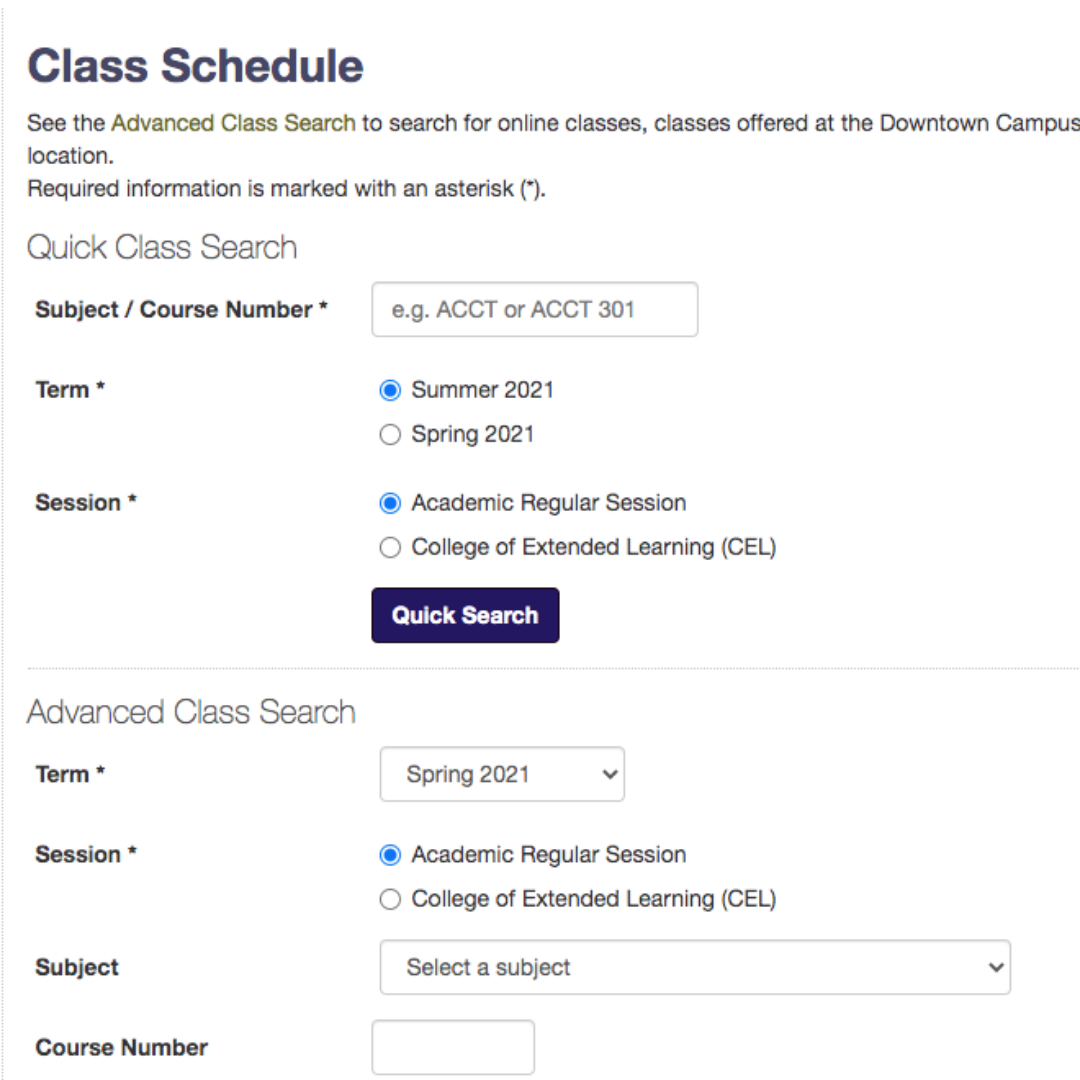 The SFSU Class Schedule, where students can search for specific courses, and input class numbers.