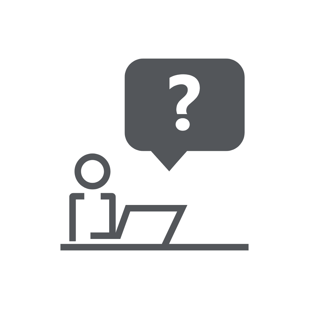 Icon of person sitting at computer with a question mark