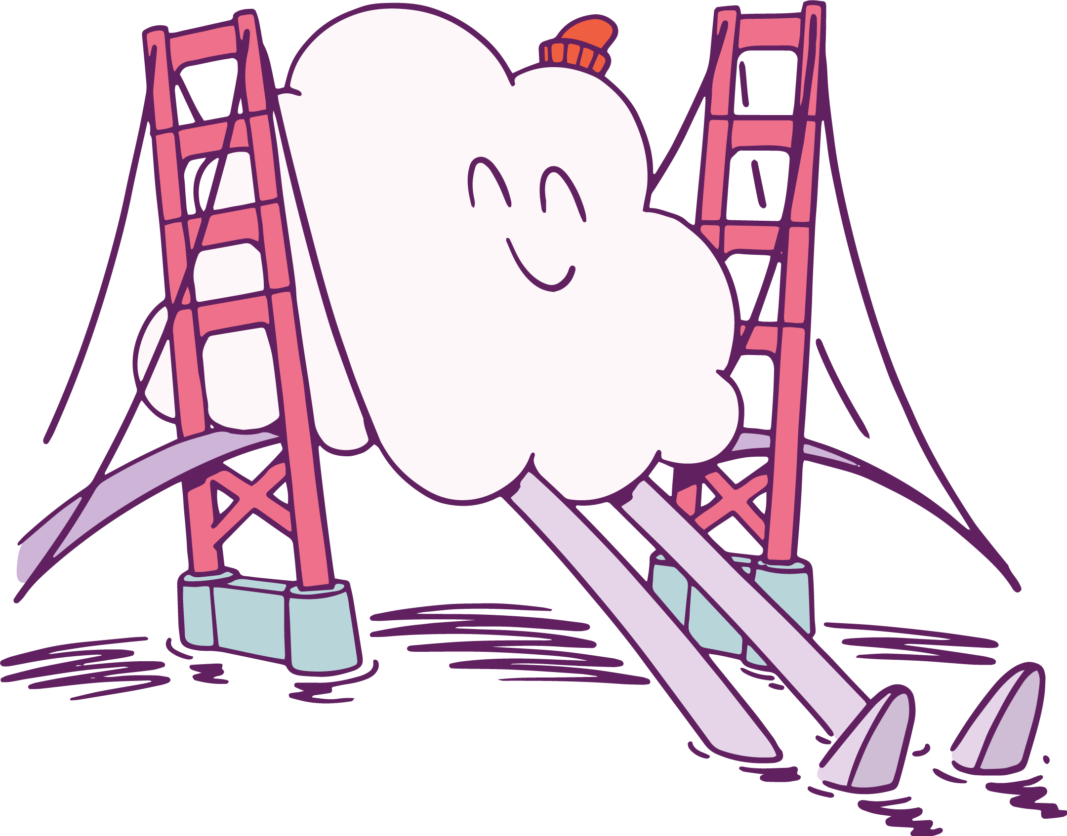 cartoon fog character sitting on the golden gate bridge