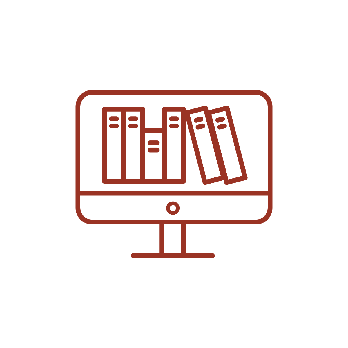 A red icon of a computer with books on the screen.