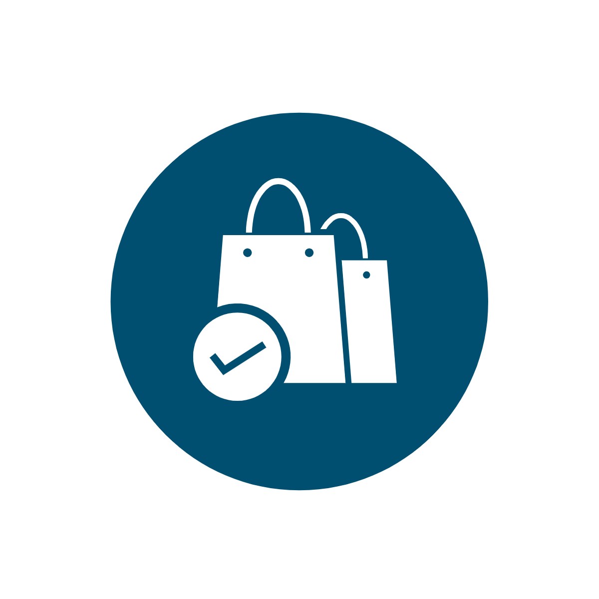 A blue icon circle of shopping bags with a checkmark overlaid.