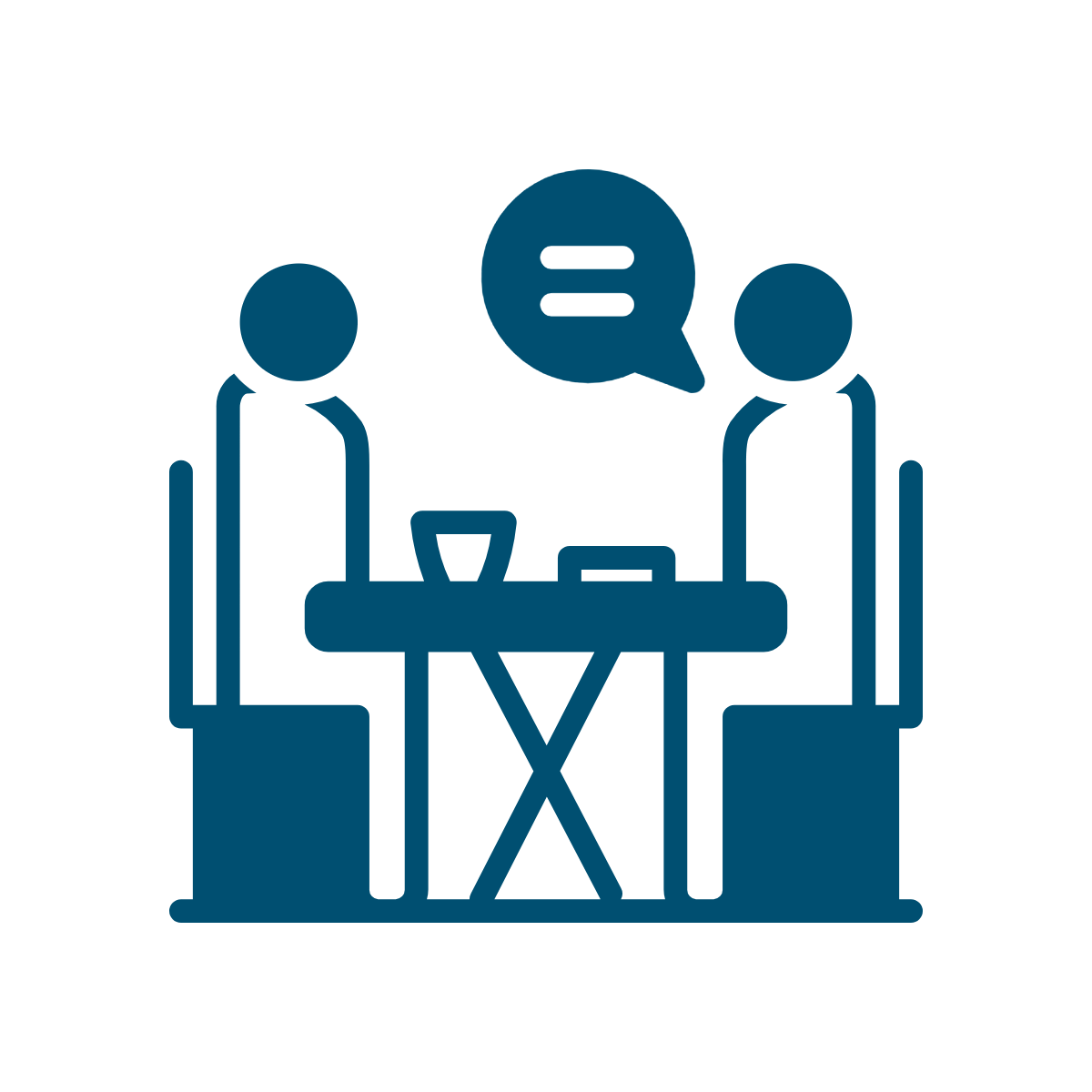 blue icon of two people sitting at table talking