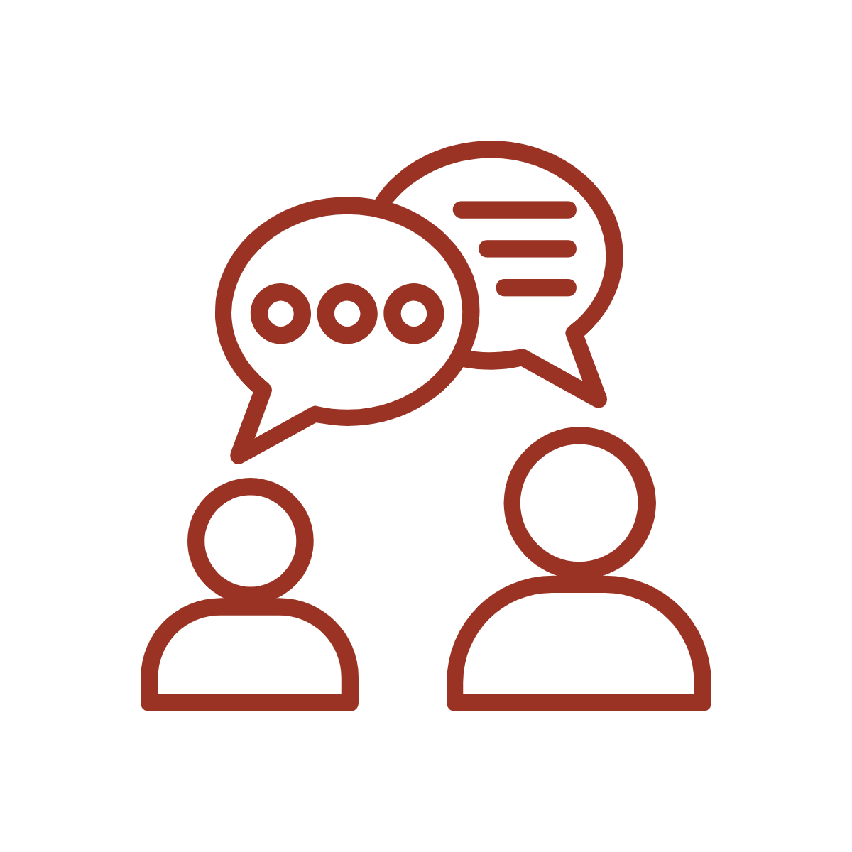 Dark red icon of two people talking with talking bubbles above their heads.