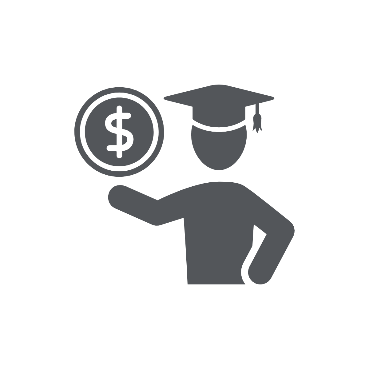 gray icon of person with graduation cap and money in hand