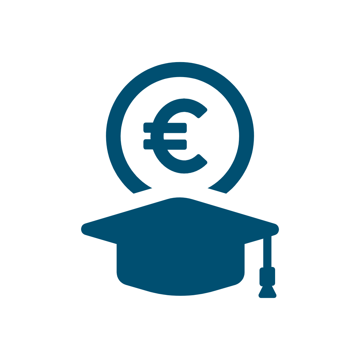 A blue icon of a graduation cap with a money sign above it.