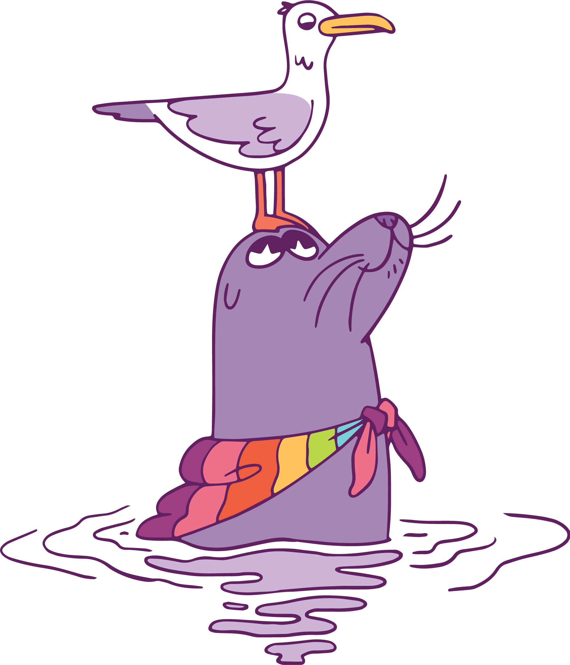 cartoons sea lion with a seagull on its head