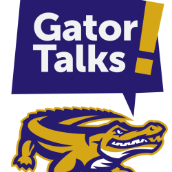 An SFSU alligator with a bubble text saying "Gator Talks!"