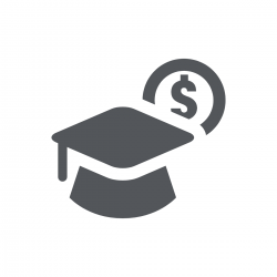 A grey icon of a graduation cap with an American Dollar symbol over it