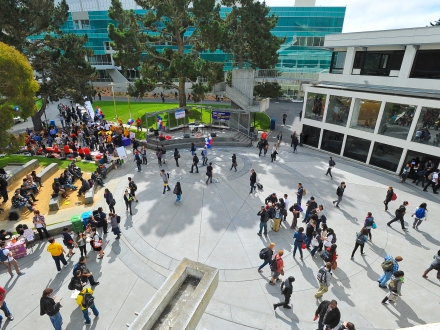 students walking through the main quad at SFSU